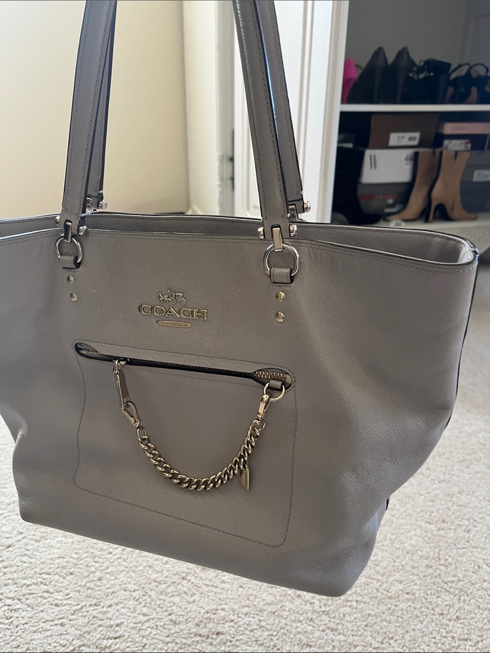 Coach Gray Leather Tote with Gold Chain Accent
